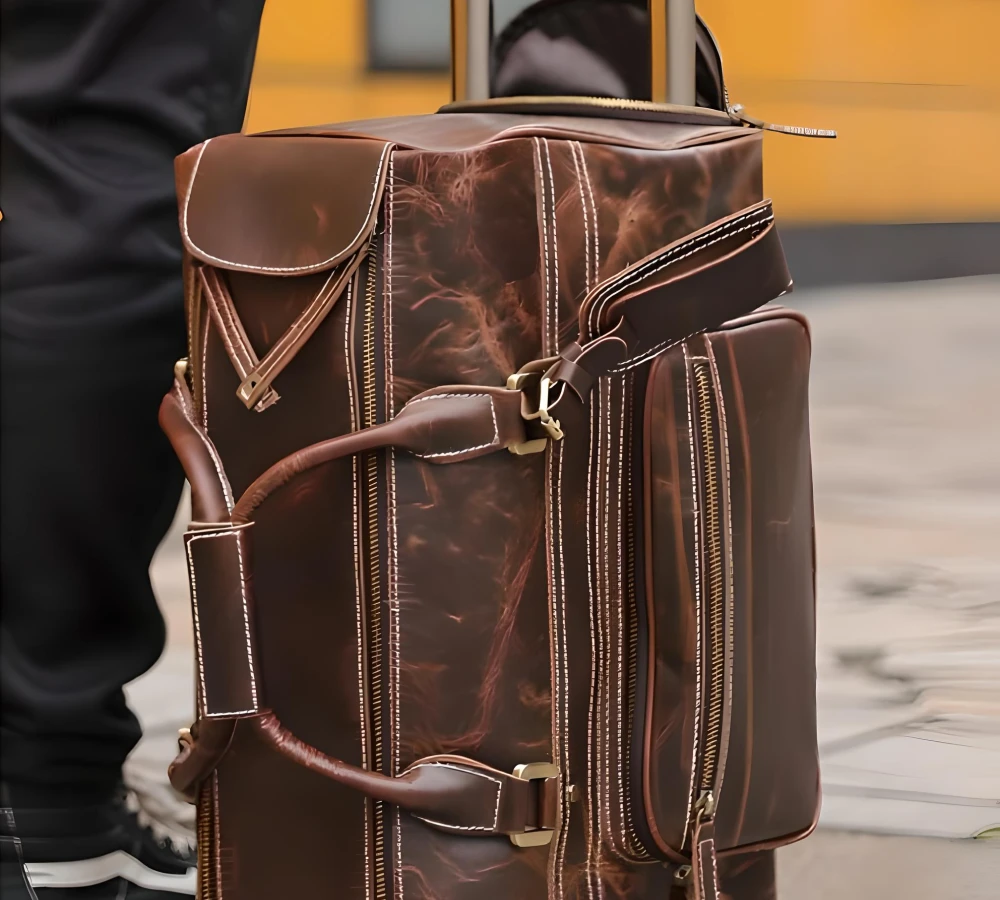 leather carry on duffel bag with wheels